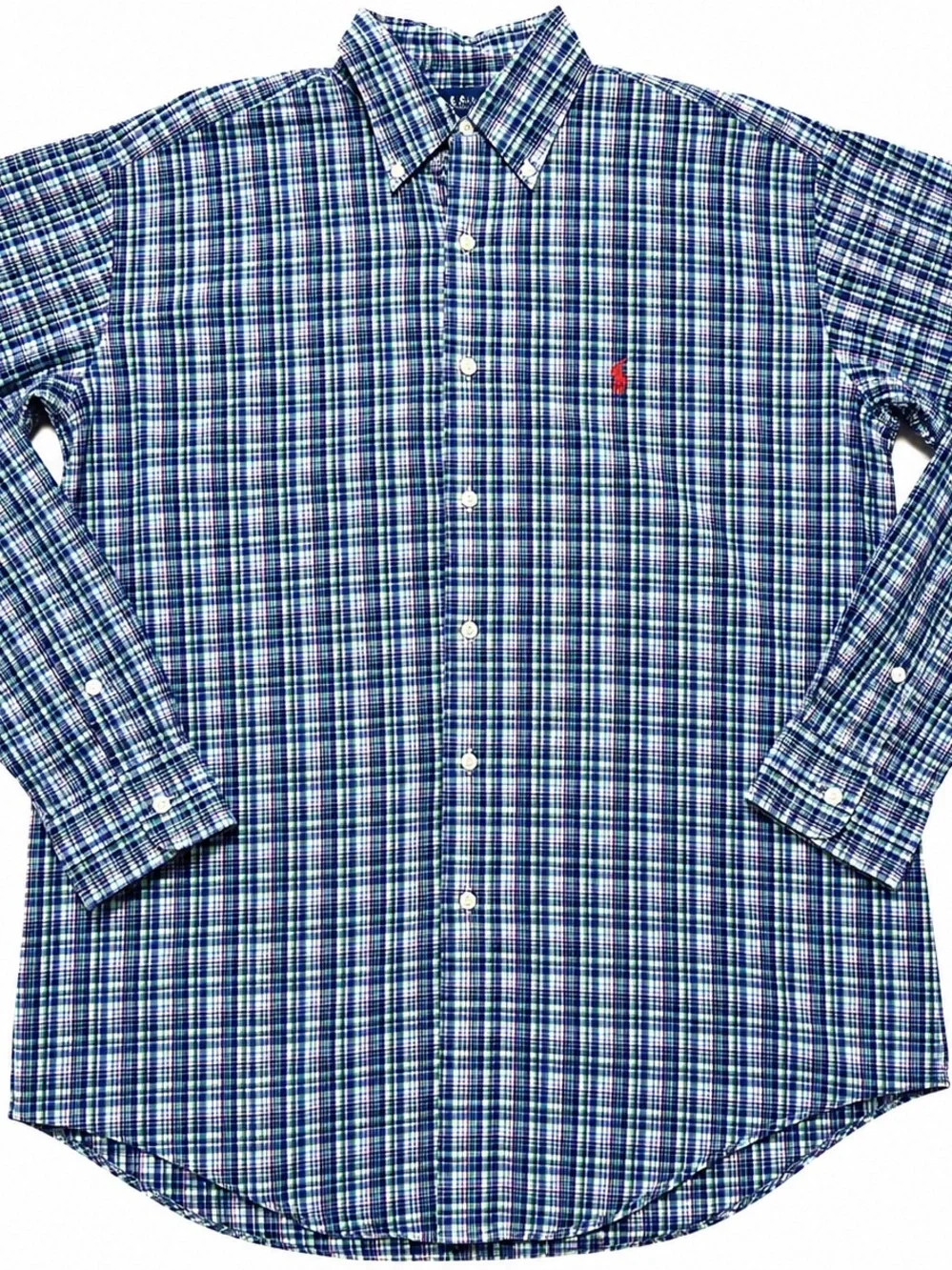 Ralph Lauren Classic Fit Plaid Button Down Shirt 15.5 Blue Cotton Red Pony